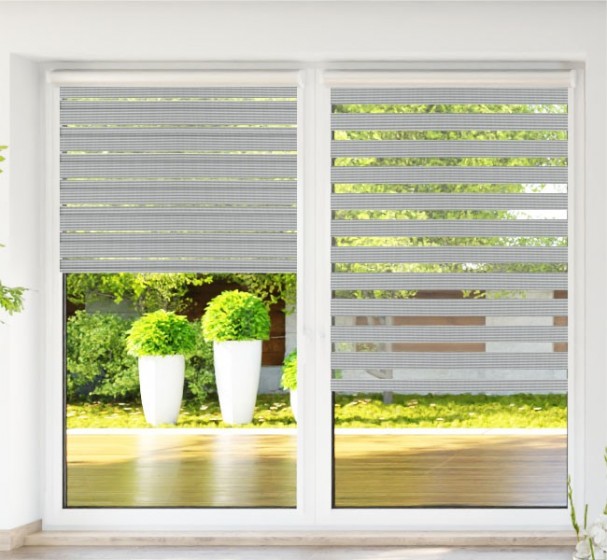 Roller blind in PVC cassette with guide Day-Night Bahama XXIII Srebro Paseczki BH2308