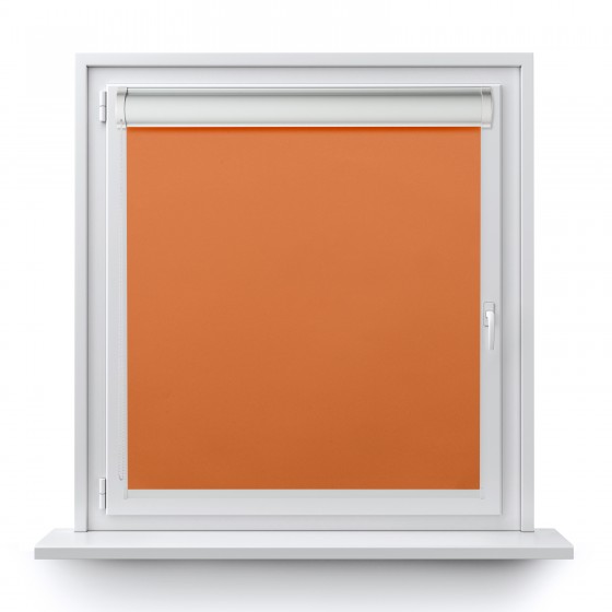 Blackout roller blind in PVC cassette with a guide orange 060
